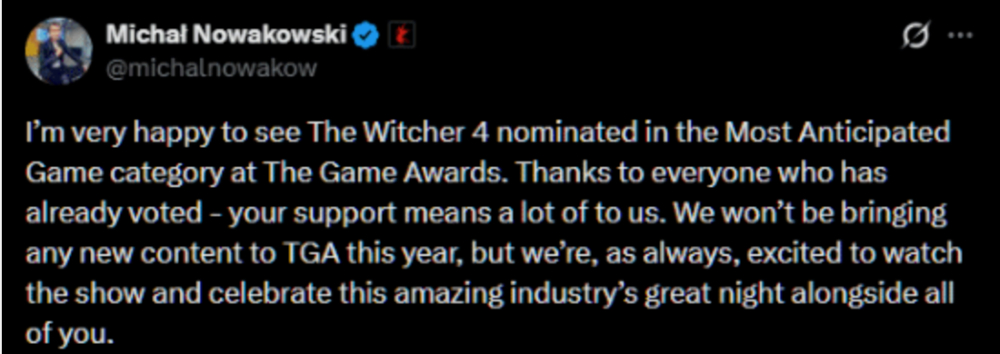 CD Projekt Red 已確認，《巫師4》不會在遊戲大獎上公佈任何新內容。